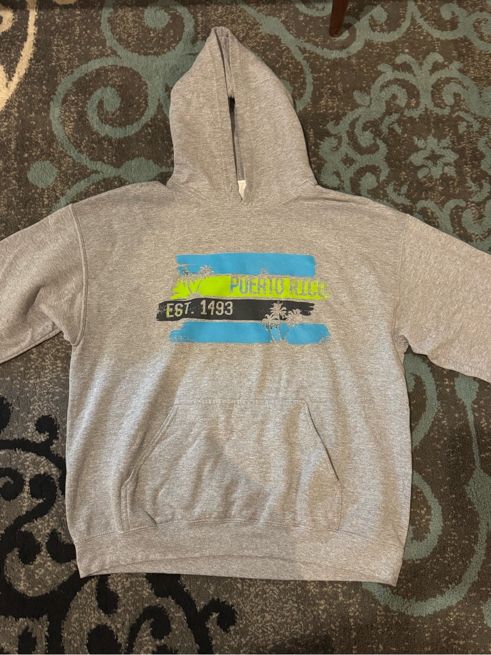 Gray Puerto Rico Graphic Hoodie with Blue & Lime Stripes